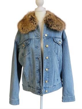 *NWT* Chic Michael Kors Light Blue Denim Jacket Removable Faux Fur Collar S